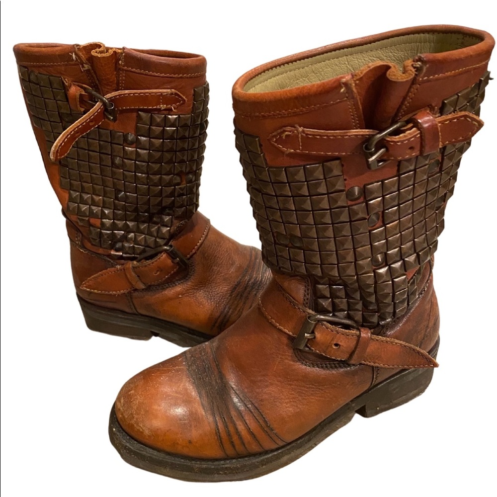 Vintage ASH studded biker moto cowboy boots with buckles